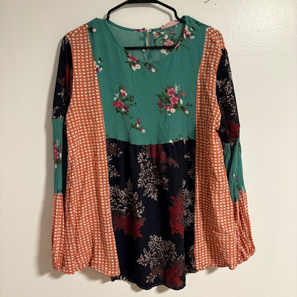 Des‎ Femmes Patchwork Floral Print Long Sleeve Tunic Top boho large